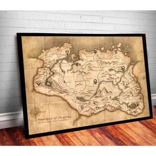 Quadro Decorativo game geek Mapa Elder Scrolls Skyrim com Moldura