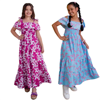 Kit 2 Vestidos Longos Infantil Juvenil Adolecente Moda Cristã Ciganinha Luxo Floral