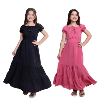 Kit 2 Vestidos Juvenil Longo com Manga Ciganinha Luxo Menina 3 Marias 10 a 14 anos