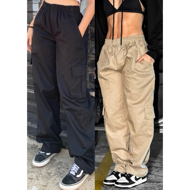 Calça Cargo Street Skate Larga Feminina 5 Bolso C/ Elástico - ENVIO IMEDIATO Costura Dupla Reforçada