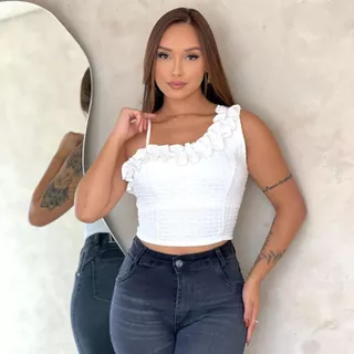 Cropped blusa blusinha feminina regata com bojo e babado tecido buble