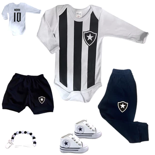 Conjunto Botafogo C/ Nome Bebê Personalizado: Body + Calça + Shorts, Tênis e Prendedor de Chupetas