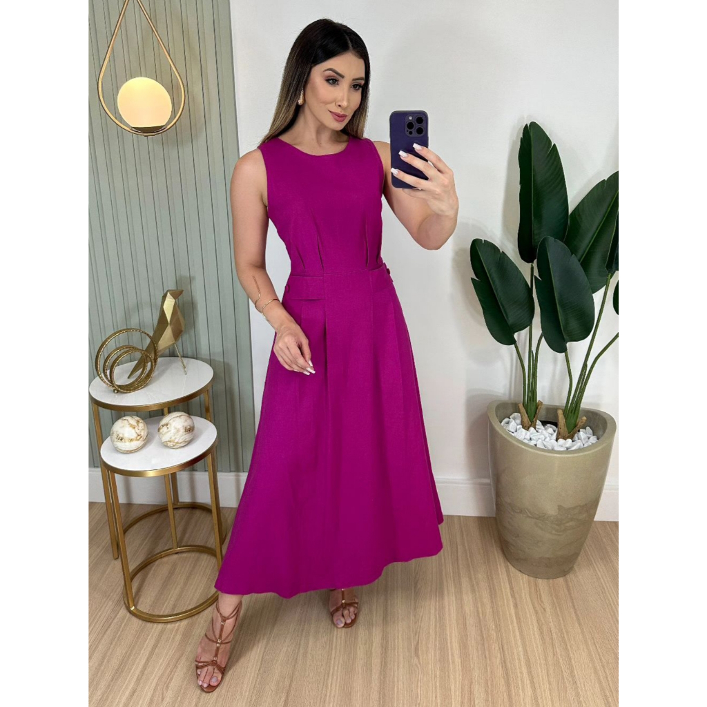 Vestido longuete luxo lisa de linho algodão sem manga 01953