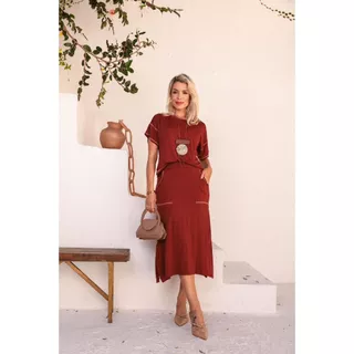 Conjunto Feminino Saia Longa e Blusa Manga Curta Gola Redonda Tecido Viscolycra