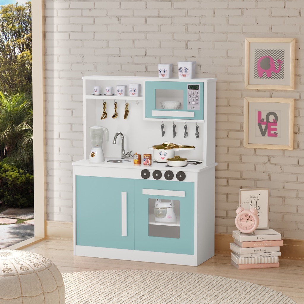 Cozinha Infantil em MDF com Cooktop e Microondas - Branco com Menta