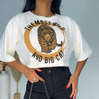 Blusa Cropped Overside Malha Algodao Feminina Onca Estampa Fina