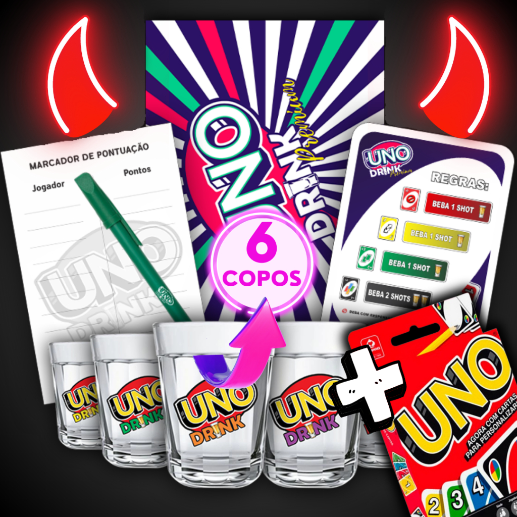 UNO Drink Completo: 6 Copos + Regras + Jogo Uno Original + Ítens (jogo alcoólico jogo de bebidas)