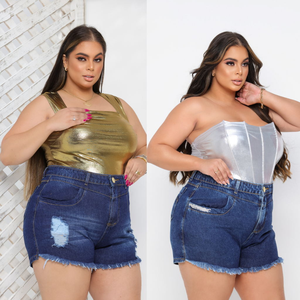 Short Jeans Cós Alto 100% Algodao Plus Size