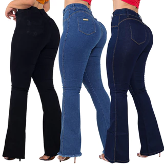 Kit 03 Calças Flare Feminina Jeans Escura Modelagem Empina Bumbum Lycra Cos Alto Boca de Sino em Oferta na Shopee