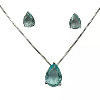 Conjunto semijóia Colar Brinco Gota Zirconia Azul Clro Rodio