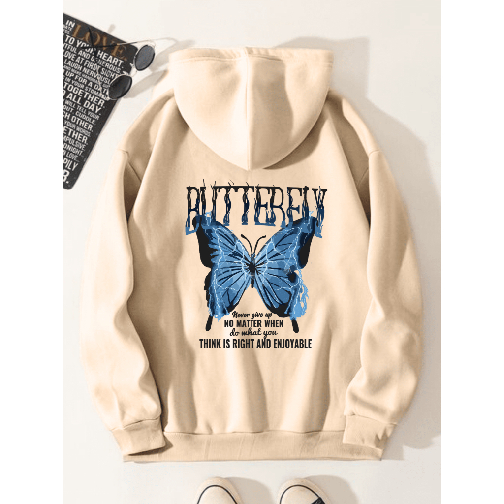 Moletom Masculino Com Capuz Canguru StreetWear Desenho Borboleta Blusa Feminina Gola Redonda