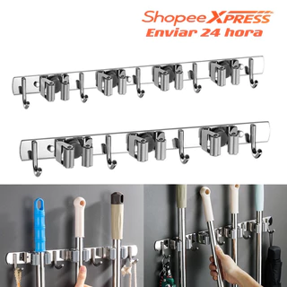 Kit Suporte Inox 304 Multiuso De Parede Gancho Para Pdendurar Vassoura Rodo Pá P123-4 P123-3