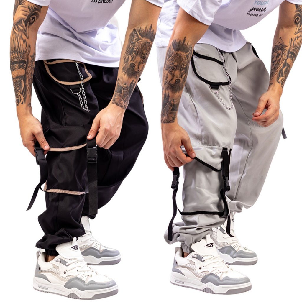 Kit Preto e Cinza Calça Cargo Jogger Unissex Estilo Gringa Coreana Bolsos  Laterais Larga tactel