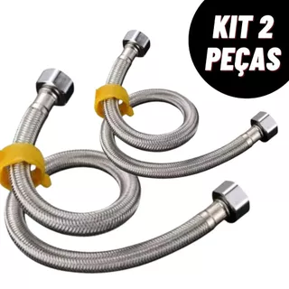 Kit Engate Rabicho Flexível Mangueira Aço Inox 60cm 1/2 Polegada Fêmea x Fêmea Banheiro Torneira Pia