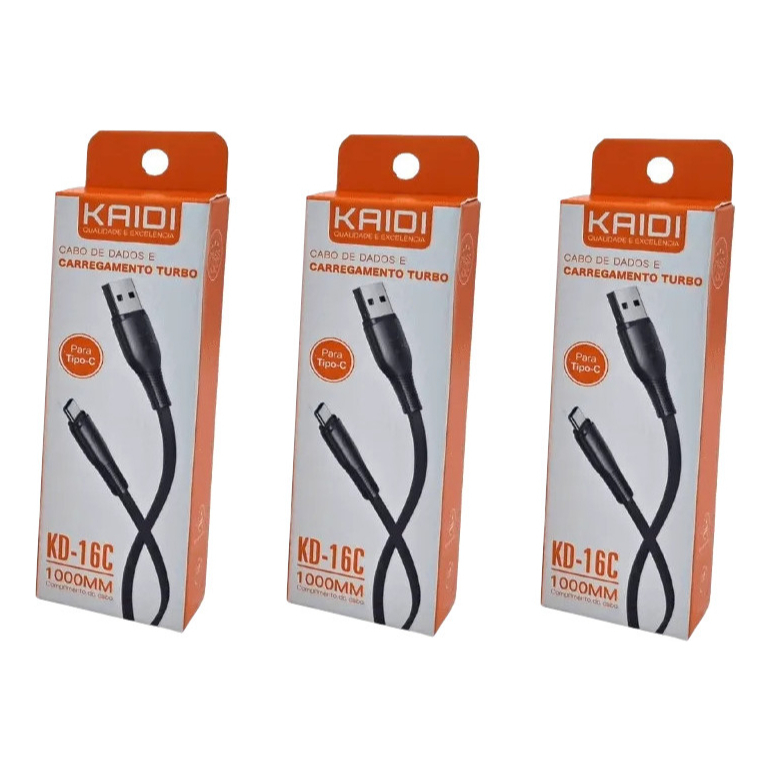 Kit 3 3 Cabo Usb C Turbo Original Kaidi Preto/Branco 1m Tipo C Novidade Qualidade Premium Extremidade Reforçada