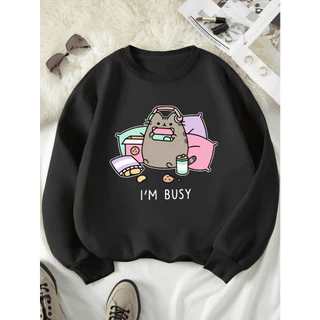 Moletom Careca Sem Capuz Gatinha Fofo Estou Ocupado Blusa Feminina Casual Algodão