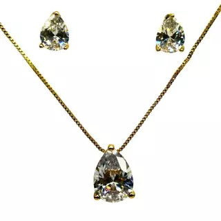 Conjunto semijóia Colar Brinco Gota de Zirconia Branca