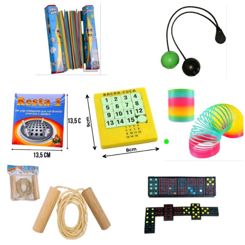 KIT 7 BRINQUEDOS SENDO PEGA VARETAS+BAT BAG+RESTA UM+RACHA CUCA NUMEROS+MOLA MALUCA+PULA CORDA+DOMINO SIMPLES