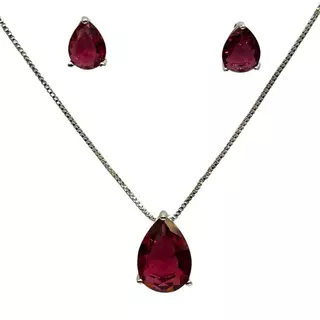 Conjunto semijóia Colar Brinco Gota de Zirconia Rubi - Rodio