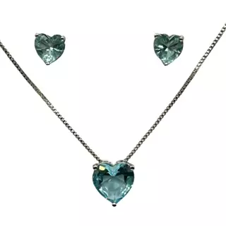 Conjunto semijóia Colar Brinco Coração Zirconia Azul Claro