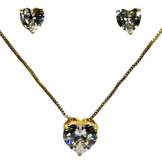 Conjunto semijóia Colar Brinco Coração Zirconia Branca