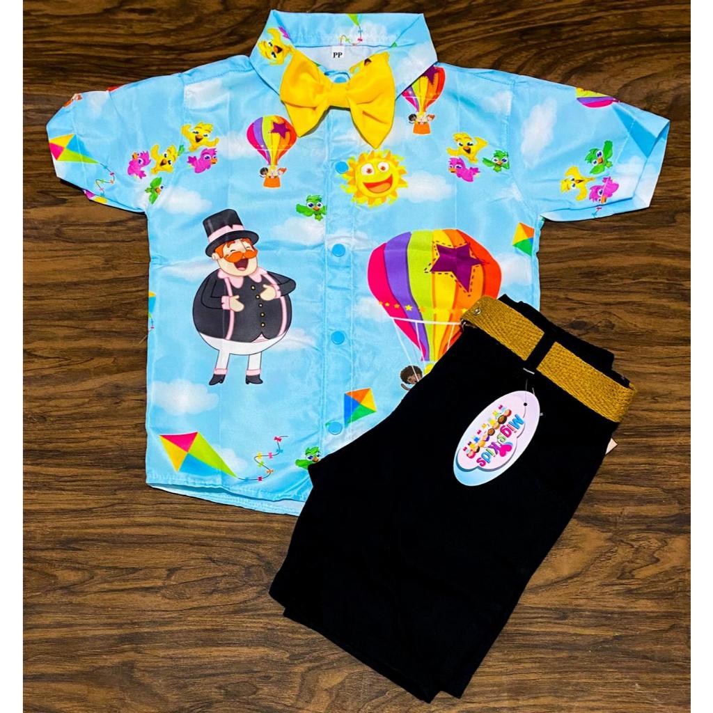 Roupa MUNDO BITA temática festa menino conjunto Camisa Gravata Bermuda ...