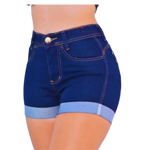 Short Jeans Feminino Cintura Alta Cós Alto Barra Dobrada da Moda Empina Bumbum Shorts Jeans com Lycra Bermuda Feminina