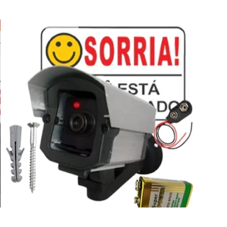 Câmera falsa com bateria e placa sorria segurança