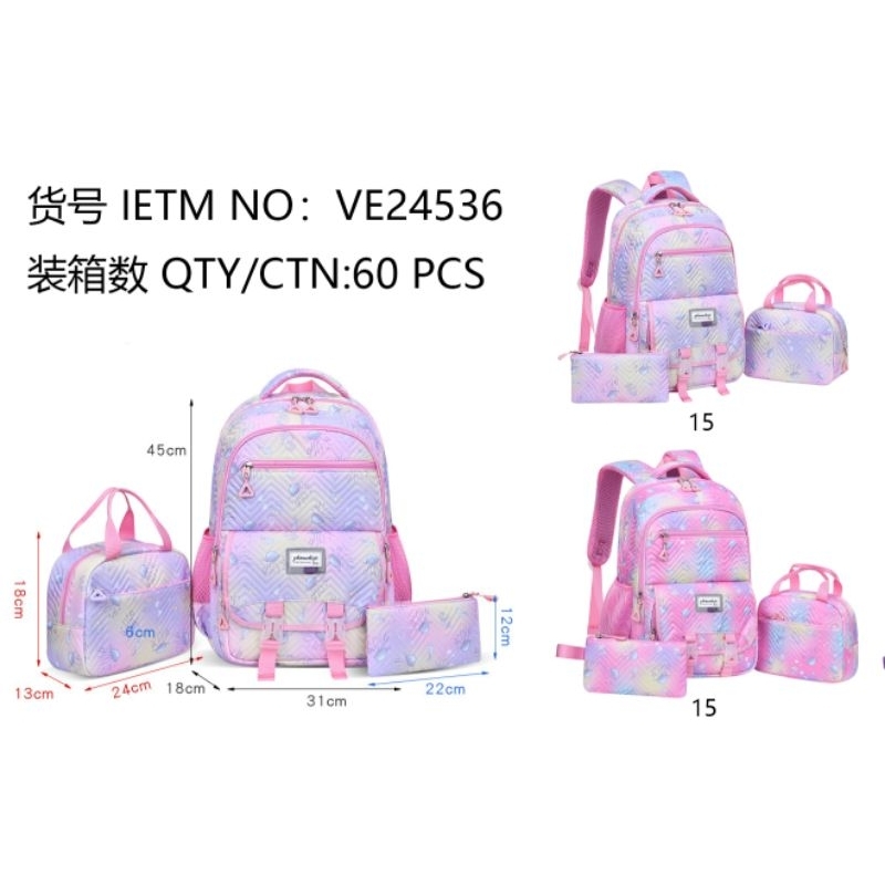 Kit com 3 bolsa mochila feminina nylon escolar estojo bolsinha transversal ve23456