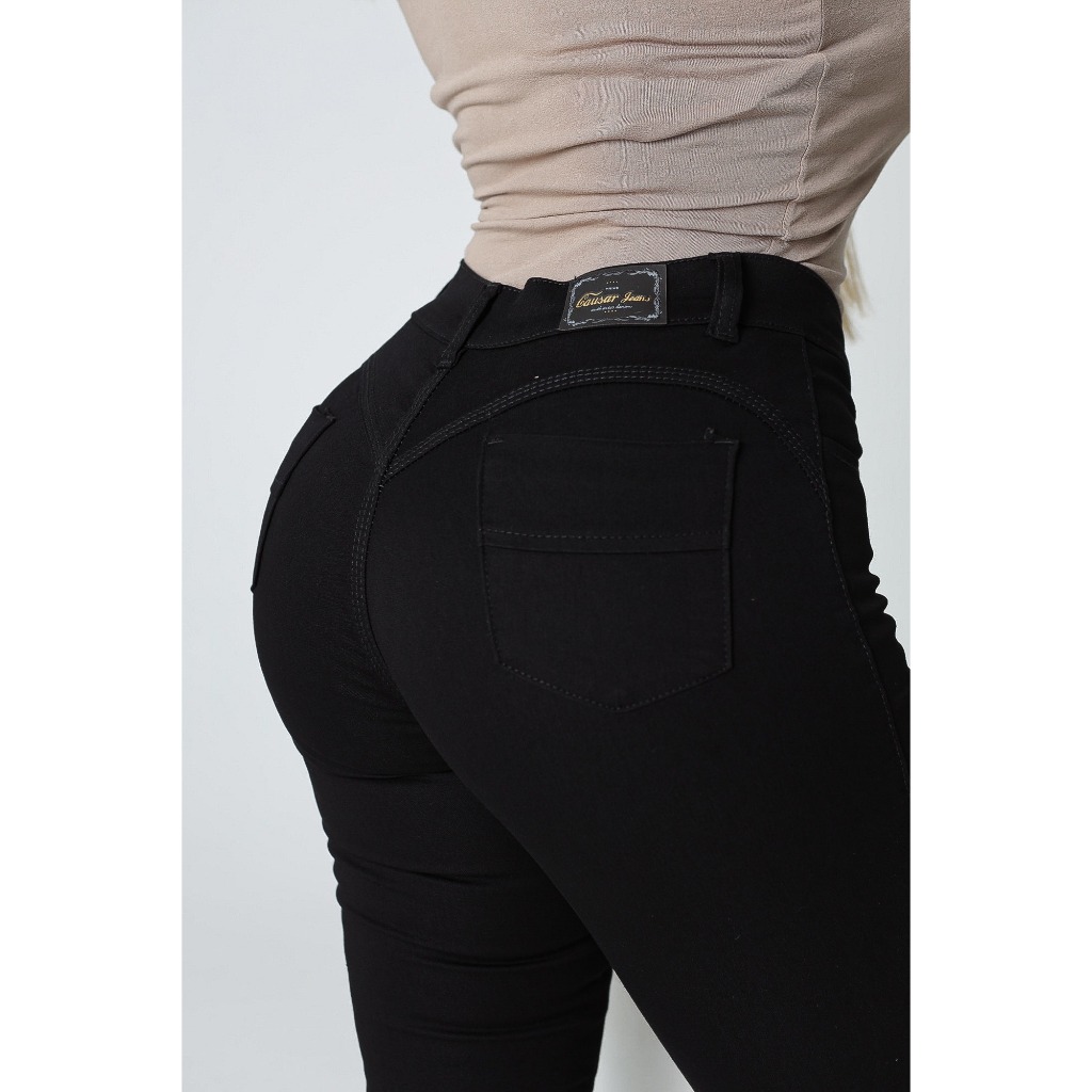 Calça Jeans Preta Skinny Com Lycra Cintura Alta Corte Do Jeans Empina Confortável Moda Feminina.