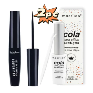 KIT HB8406 DELINEADOR LIQUIDO PRETO - RUBY ROSE + Cola de Cílios À Prova D'Água Macrilan