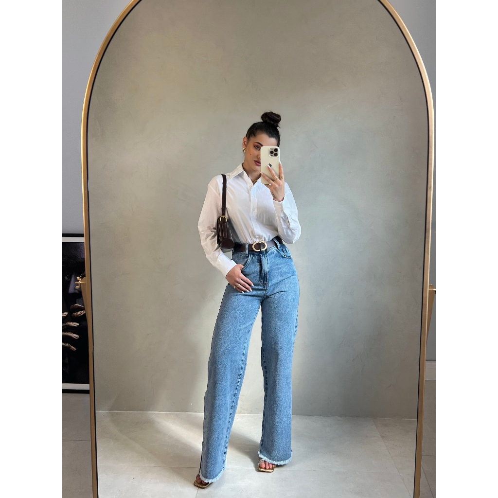 Calça jeans wide leg feminina pantalona cintura alta modelagem linda