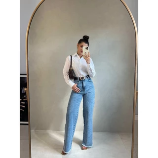 Calça jeans wide leg feminina pantalona cintura alta modelagem linda