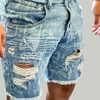 QUEIMA ESTOQUE Bermuda Jeans curta Masculino 100% algodão Destroyed Slim Fit Original Desenhado a laser