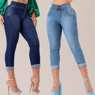 Kit 2 Calça Jeans Feminina Capri Cos Alto Com Cordinha Levanta Bumbum Com Elastano Caça Jeans Cintura Alta
