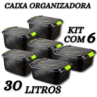 Kit 6 Caixas Organizadoras 30l Grande C/Tampa e Trava Organizador para Brinquedos Multiuso