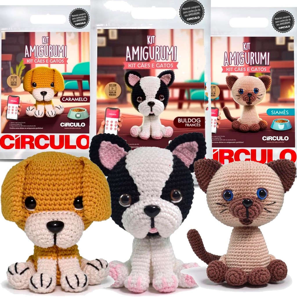 Kit Amigurumi Cães e Gatos Circulo - Receita No Verso crochê