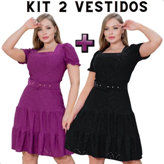 Combo 2 Vestidos Feminino Midi Godê Rodado Com Cinto E Manga Moda Social Evangélica Festa
