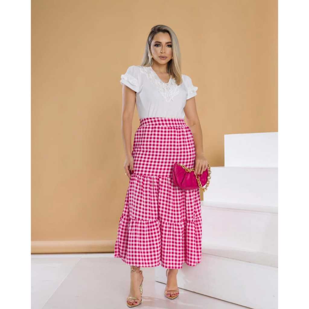 Saia Rosa Midi chá Longa Xadrez Quadriculada com Forro Godê Evasê