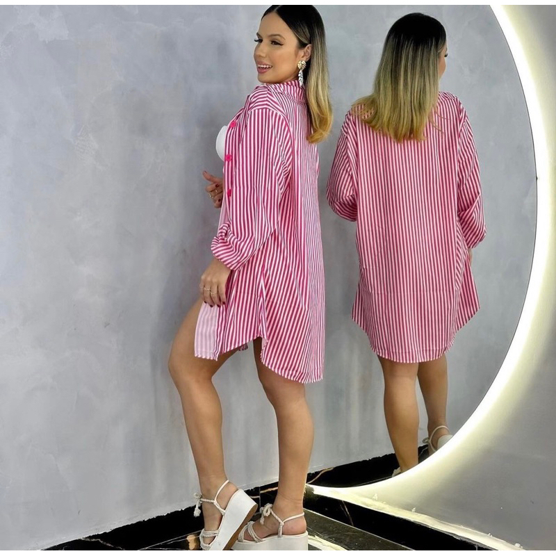 Chemise camisa de praia sobreposição com botão manga longa