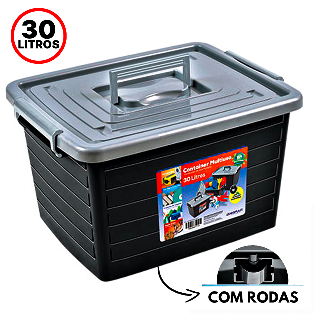 Caixa Organizadora Container 30 Litros Preto Com Tampa e Trava 25165 ...