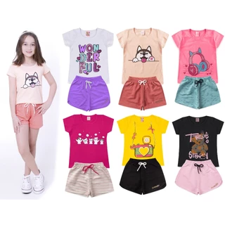 Kit Com 3 Conjuntos Infantil Feminino Roupa De Criança Para Menina Baby Look e Short