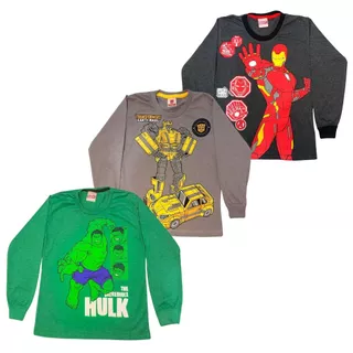 Kit 3 Camisetas Infantil Manga Longa Estampada Menino