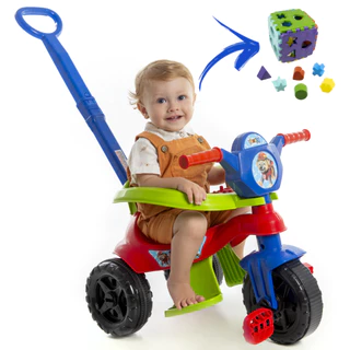 Motoca Triciclo Menino ORIGINAL + Cubo Educativo com 12 peças - Com Pedal, Apoio para os Pés, Empurrador e protetor - Todos Itens Montáveis e destacáveis - Para todas as fases da criança
