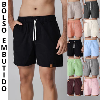 Short Masculino Linho Mauricinho Bolso Embutido em Brim Fio Tinto Com 3 Bolsos Bermuda Masculina Masculino