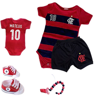 Novo Kit Flamengo Bebê Com Nome | Body, Calção Shorts, Tênis Allstr, Prendedor de Chupetas / Mordedor