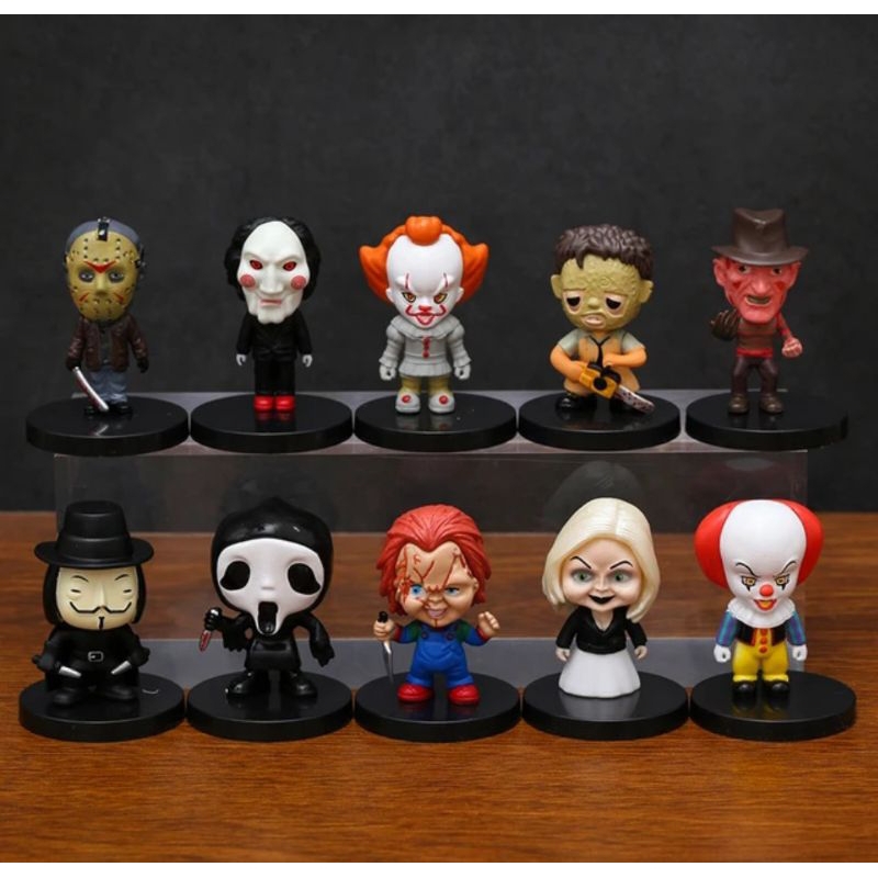 Kit 10 miniaturas personagens filme de terror vilões halloween mini bonecos