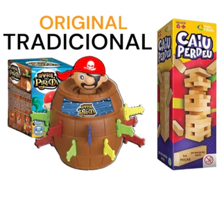 BRINQUEDO INFANTIL BARRIL PIRATA ORIGINAL GRANDE JOGO INTERATIVO DE MESA TABULEIRO EDUCATIVO KIT PARA CRIANÇA PULA + CAIU E PERDEU E PEGA VARETA