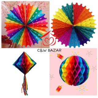 KIT 2 Enfeite Festa Junina Papel Várias Modelos Balão Lanterna Colmeia Colorido Com Franja Decoração