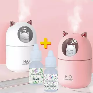 Kit Umidificador Gatinho LED + 1 ou 2 Essências Aroma Difusor Purificador Ar Ambiente Climatizador